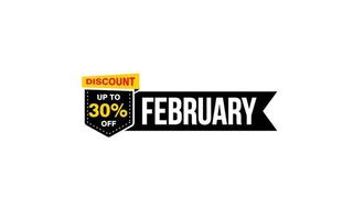 Oferta de descuento del 30 por ciento de febrero, liquidación, diseño de banner de promoción con estilo de etiqueta. vector