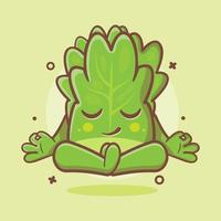 mascota de carácter vegetal de lechuga tranquila con pose de meditación de yoga dibujos animados aislados en diseño de estilo plano vector