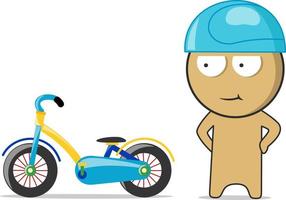 un niño con casco de motocicleta se para al lado de una motocicleta vector