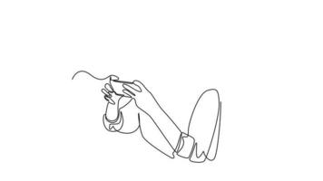 Self drawing animation of one single line draw happy girl wear headset playing online video game on his smartphone. E-sports game concept. Full length animation illustration. High quality 4k footage.