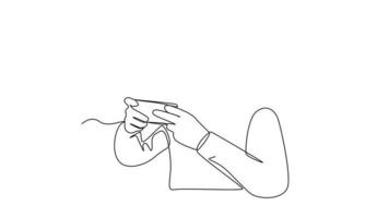 animação de autodesenho de uma única linha desenhar jovem feliz usando fone de ouvido jogando videogame online em seu smartphone. conceito de jogo de esportes eletrônicos. ilustração de animação de comprimento total. 4k de alta qualidade. video