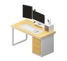 bureau en bois avec ordinateur, moniteur, ordinateur. rendu 3d. png