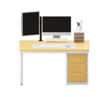 wood desk with computer, moniter, computer. 3D rendering. png