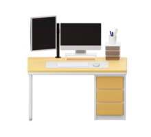 bureau en bois avec ordinateur, moniteur, ordinateur. rendu 3d. png