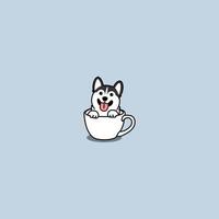 lindo perro husky siberiano en una taza de dibujos animados, perro taza de té, ilustración vectorial vector