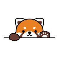 Cute red panda paws up over wall, panda face cartoon icon, vector illustration