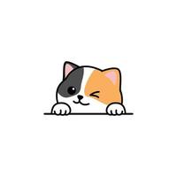 Cute three color cat peeking and winking eye cartoon, vector illustration