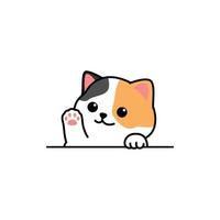 Cute calico cat waving paw cartoon, vector illustration