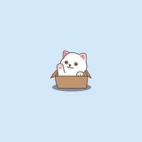 Cute white cat waving paw in the box cartoon, vector illustration