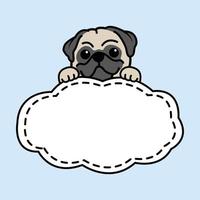 lindo perro pug con plantilla de borde de marco caricatura, ilustración vectorial vector