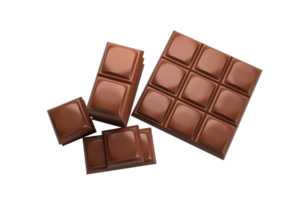 drei Stücke Milchschokolade zwei Stücke Milchschokolade isoliert Draufsicht dunkler Schokoriegel und Würfel Ansicht 3D-Darstellung png