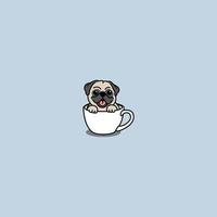 lindo perro pug en una caricatura de taza, perro de taza de té, ilustración vectorial vector