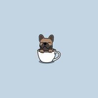 Cute french bulldog in a cup cartoon, teacup dog, vector illustration