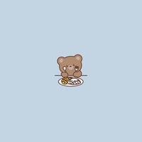 Cute brown bear with mango sticky rice cartoon, vector illustration