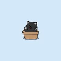 Funny black cat in the box cartoon, vector illustration