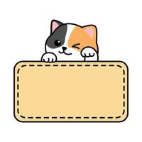 lindo gato de tres colores que agita la pata con dibujos animados de plantilla de borde de marco, ilustración vectorial vector