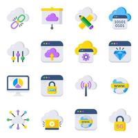 paquete de iconos planos de alojamiento y computación en la nube vector