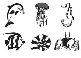 Marine life monochrome set with dolphin, jellyfish, seahorse,  fish, seashell and crab. Vector EPS illustration with transparent background.   Design template, stickers, creating patterns.