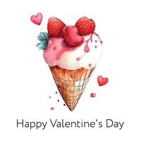 Valentine's day Vector postcard with watercolor ice cream and inscription isolated on white background in retro style. Postcard with ace cream. Watercolor pink ice cream.