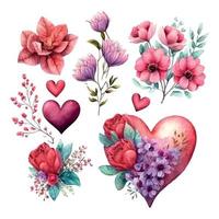 Vector lindos objetos y elementos para tarjetas de San Valentín flores, corazón, dulces, pastel, llave, caramelo, rosa, piruleta, helado