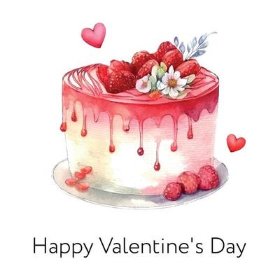 Valentine's day watercolor cake, piece of cake. It can be used for card, postcard, cover, invitation, wedding card, mothers day card, birthday card, menu, recipe.