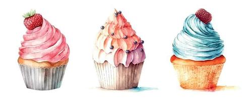 juego de cupcakes con crema. helado de ilustración acuarela vector
