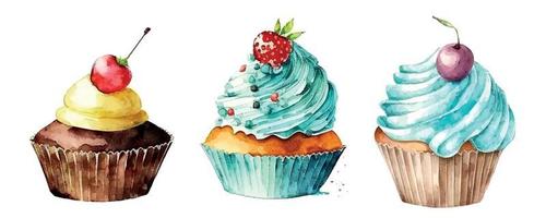 juego de cupcakes con crema. helado de ilustración acuarela vector