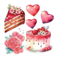 Vector lindos objetos y elementos para tarjetas de San Valentín flores, corazón, dulces, pastel, llave, caramelo, rosa, chupete, carrito de helados