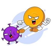 personaje de la mascota de la moneda pateando el virus de la corona, lucha contra el concepto de virus vector