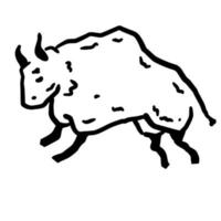 Rock art. Drawing of a bull or ox. Primitive tribal cartoon. Running animal. Black and white doodle vector