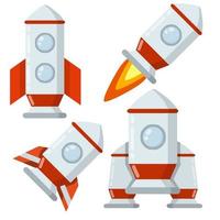 Rocket. Spaceship with porthole. Flight into space. Scientific discovery and colonization of planets. Childrens drawing. Red-and-white flat cartoon spacecraft vector