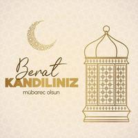 Muslim holiday. Vector concept of Islamic holy night Berat Kandiliniz. Card with lantern and crescent moon with Arabian pattern. Vector on light beige background