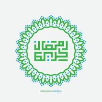 free Ramadan Kareem Arabic Calligraphy greeting card with circle frame and retro color. Translation, Generous Ramadan. vector