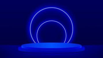 Minimal black scene platform with blue cylindrical podium and glowing circles. Vector rendering of podium pedestal shape for product presentation, showcase, mock up. Minimal stage platform