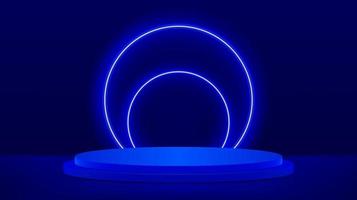 Minimal black scene platform with blue cylindrical podium and glowing circles. Vector rendering of podium pedestal shape for product presentation, showcase, mock up. Minimal stage platform