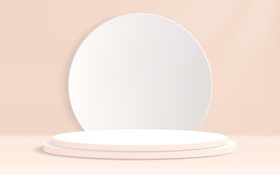 3d white cylinder podium on geometric display platform. Vector rendering of podium pedestal shape for product presentation, showcase, mock up. Minimal stage scene platform