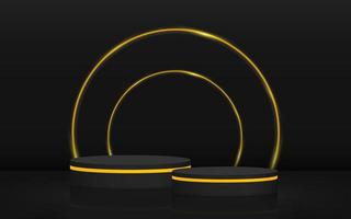 Minimal dark scene platform with black podium and gold circle. Vector rendering of podium pedestal shape for product presentation, showcase, mock up. Minimal stage platform