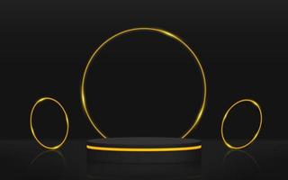 Minimal dark scene platform with black podium and gold circle. Vector rendering of podium pedestal shape for product presentation, showcase, mock up. Minimal stage platform