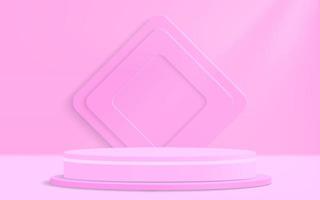 3d cylinder podium on pink geometric display platform. Vector rendering of podium pedestal shape for product presentation, showcase, mock up. Minimal stage scene platform