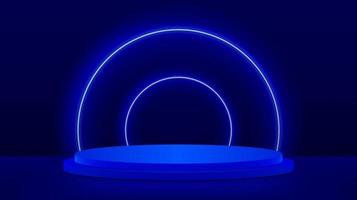 Minimal black scene platform with blue cylindrical podium and glowing circles. Vector rendering of podium pedestal shape for product presentation, showcase, mock up. Minimal stage platform