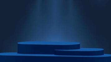 Product display background on geometric platform with 3d podium scene. Vector 3d rendering podium on dark blue background. Product presentation, show cosmetic products. Stage pedestal display