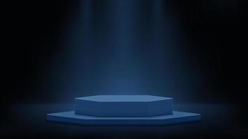 3d geometric shape podium on dark empty room with lighting. Vector abstract studio room scene with blue pedestal platform. Podium stage pedestal for product display presentation