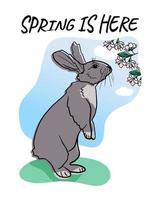 Sweet hand drawn grey rabbit on the grass with cherry blossom and lettering spring is here. Vector isolated illustration, cartoon flat character. Greeting card, crafting. Children print design