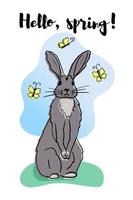 Shy grey hand drawn cartoon rabbit with yellow buttterflies. Lettering Hello spring. Vector isolated illustration, cartoon flat character. Template for greeting card, crafting. Children print design
