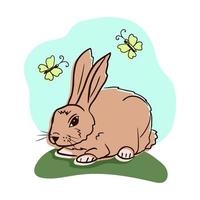 Cozy hand drawn beige cartoon rabbit sitting on green grass with yellow butterflies. Vector isolated illustration, cartoon flat character. Greeting card, fashion print. Children print design