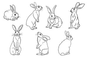 Set of cute hand drawn sketch rabbits in one line in different position. Vector isolated cartoon character on white background, symbol of year, easter bunny, printable coloring book.