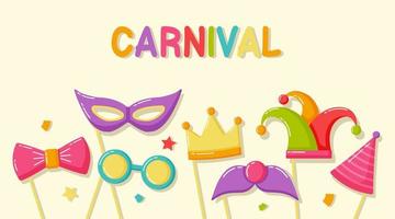 Purim carnival  background with crown, mask, joker hat, glasses, mustache, bow and party hat vector