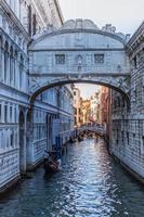 View of the famous Bridge of Sighs in Venice, Italy. Artistic urban landmark, soft sunset light photo