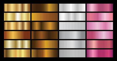 Conjunto de fondo de gradación de textura de lámina dorada, plateada, holográfica, bronce y lámina dorada. holograma brillante vectorial y colección de gradientes metálicos para borde, marco, cinta, diseño de etiquetas vector