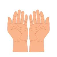 Open hands looking up for praying or asking. Palm hands up. Gesture with two hands together. Vector flat illustration.